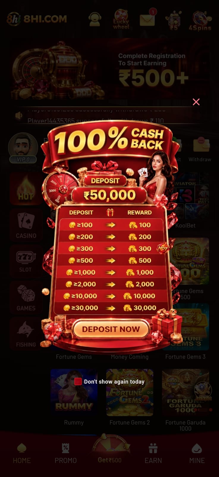 8HI Game 100% cash back promotion banner featuring a ₹50,000 deposit offer, reward table, and Deposit Now button