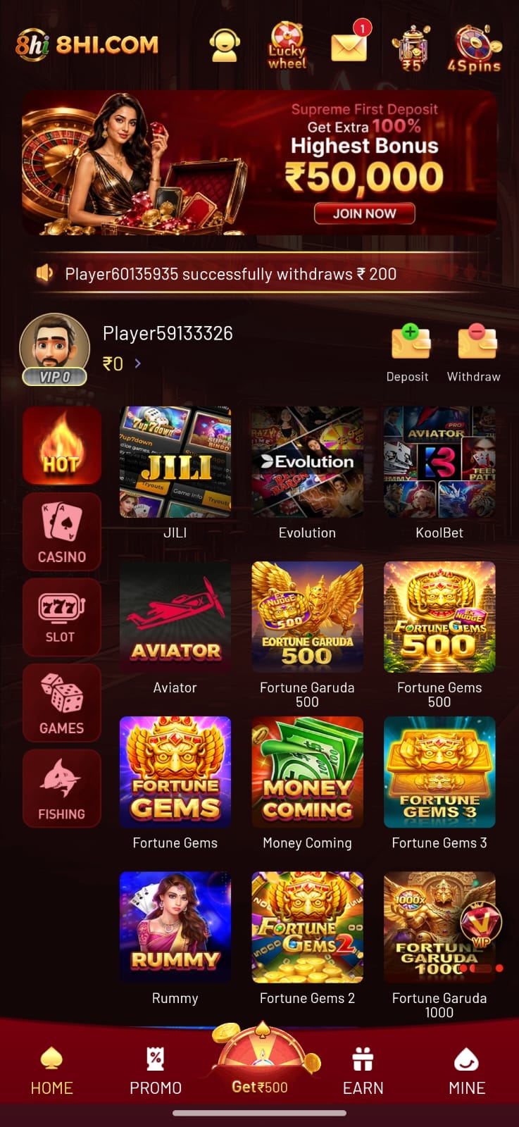 8HI Game app interface featuring casino games, slot games, Fortune Garuda 500, Fortune Gems 500, Aviator, and Rummy