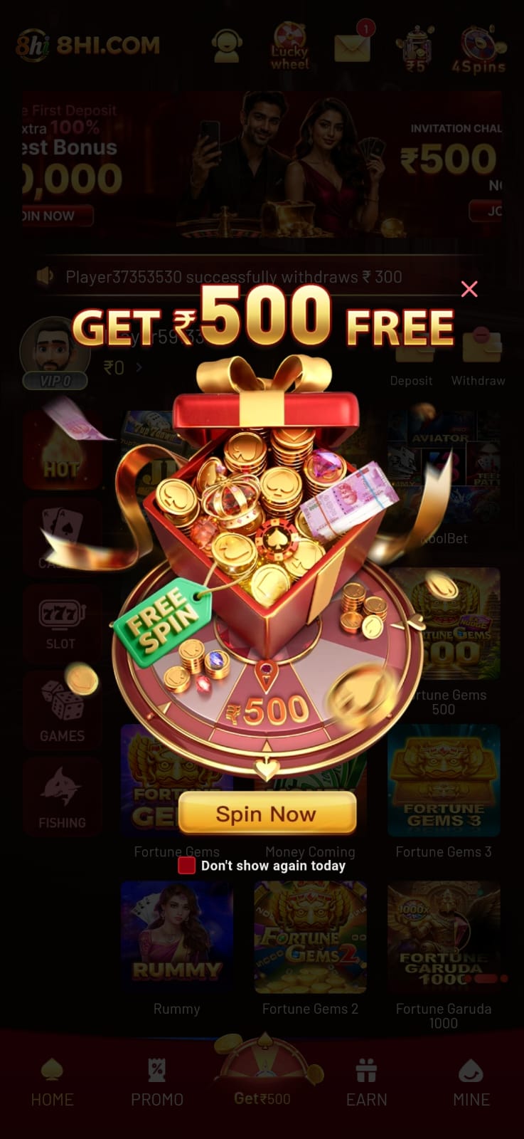 8HI Game ₹500 free bonus popup featuring a golden gift box, coins, free spin reward, and Spin Now button