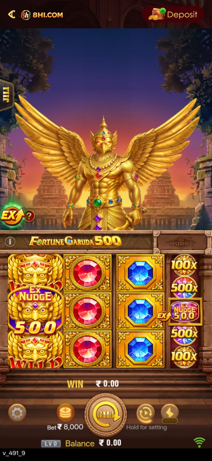 8HI Game Fortune Garuda 500 slot game featuring a golden winged Garuda character and colorful gem symbols
