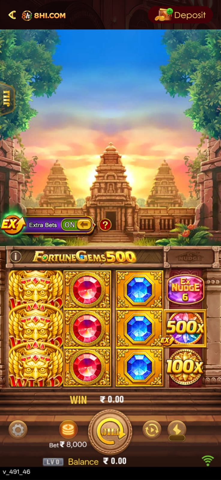 8HI Game Fortune Gems 500 slot game featuring golden symbols, red and blue gems, and temple scenery